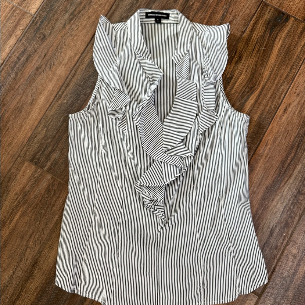 Express Black and White Striped Ruffle Blouse
